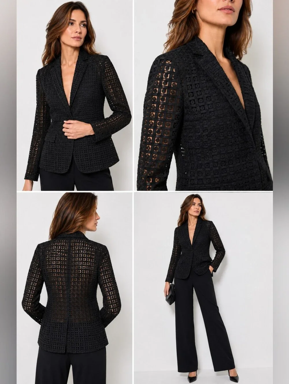 Akris Black Mulberry Silk Geometric Embroidered Openwork Blazer Size 44 IT EUC
